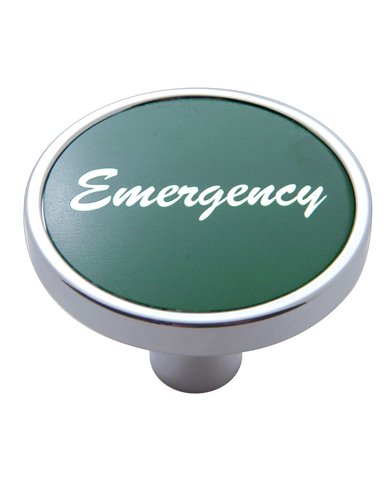 (CARD) CHROME SHORT PIN MOUNT AIR VALVE KNOB W/ ALUMINUM "EMERGENCY" STICKER - GREEN (CARD) CHROME SHORT PIN MOUNT AIR VALVE KNOB W/ ALUMINUM "EMERGENCY" STICKER - GREEN