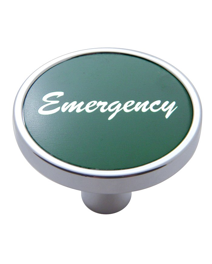 (CARD) CHROME SHORT PIN MOUNT AIR VALVE KNOB W/ ALUMINUM "EMERGENCY" STICKER - GREEN