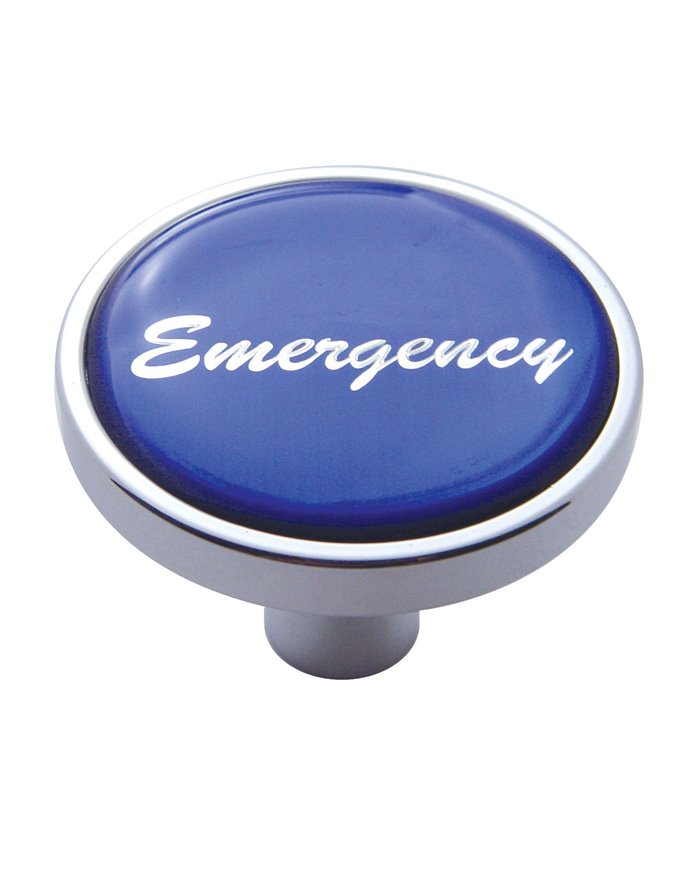 (CARD) CHROME SHORT PIN MOUNT AIR VALVE KNOB W/ GLOSSY "EMERGENCY" STICKER - BLUE (CARD) CHROME SHORT PIN MOUNT AIR VALVE KNOB W/ GLOSSY "EMERGENCY" STICKER - BLUE
