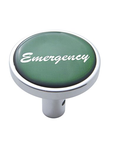 (CARD) CHROME LONG PIN MOUNT AIR VALVE KNOB W/ GLOSSY "EMERGENCY" STICKER - GREEN (CARD) CHROME LONG PIN MOUNT AIR VALVE KNOB W/ GLOSSY "EMERGENCY" STICKER - GREEN