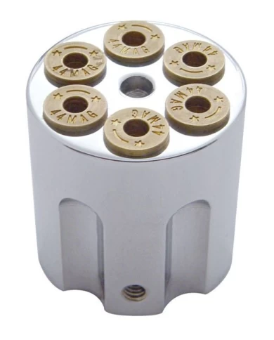 (CARD) SMALL ALUMINUM DASH KNOB - GUN CYLINDER STYLE IN CHROME FINISH (CARD) SMALL ALUMINUM DASH KNOB - GUN CYLINDER STYLE IN CHROME FINISH