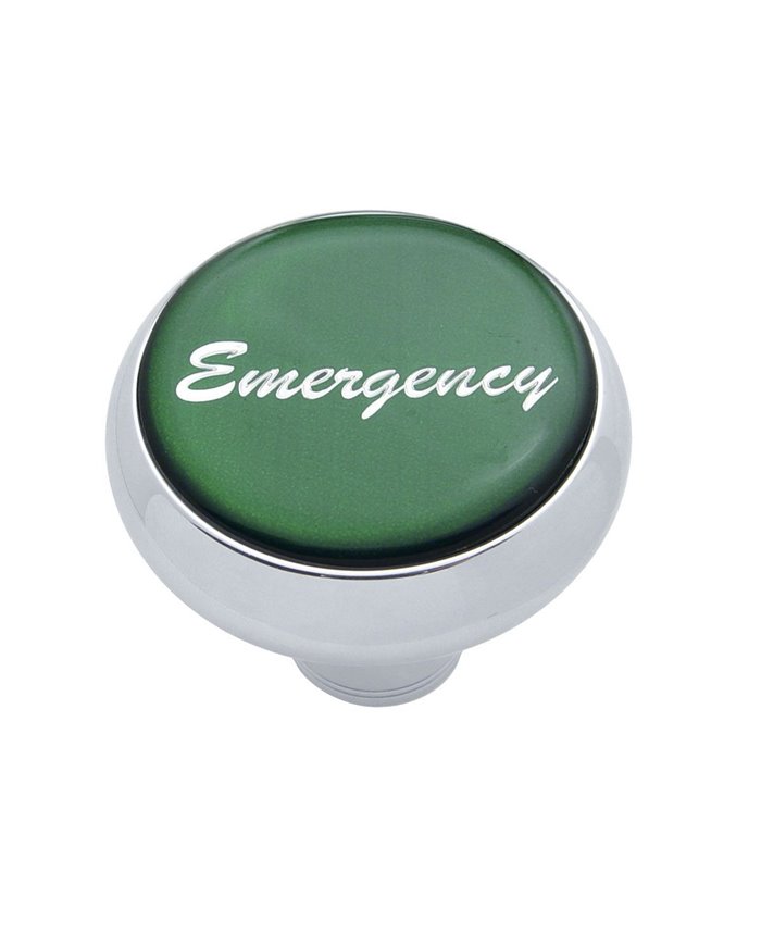 (CARD) CHROME DELUXE AIR VALVE KNOB W/ GLOSSY "EMERGENCY" STICKER - GREEN