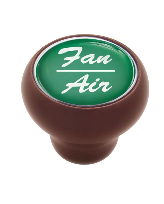 (CARD) WOOD DELUXE DASH KNOB W/ GLOSSY "FAN/AIR" STICKER - GREEN