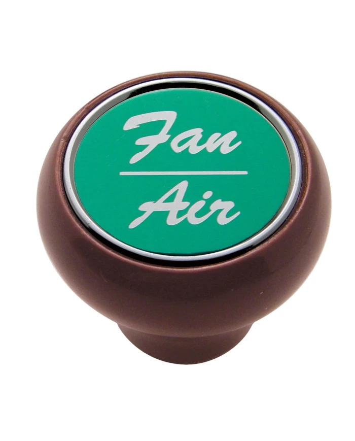 (CARD) WOOD DELUXE DASH KNOB W/ ALUMINUM "FAN/AIR" STICKER - GREEN