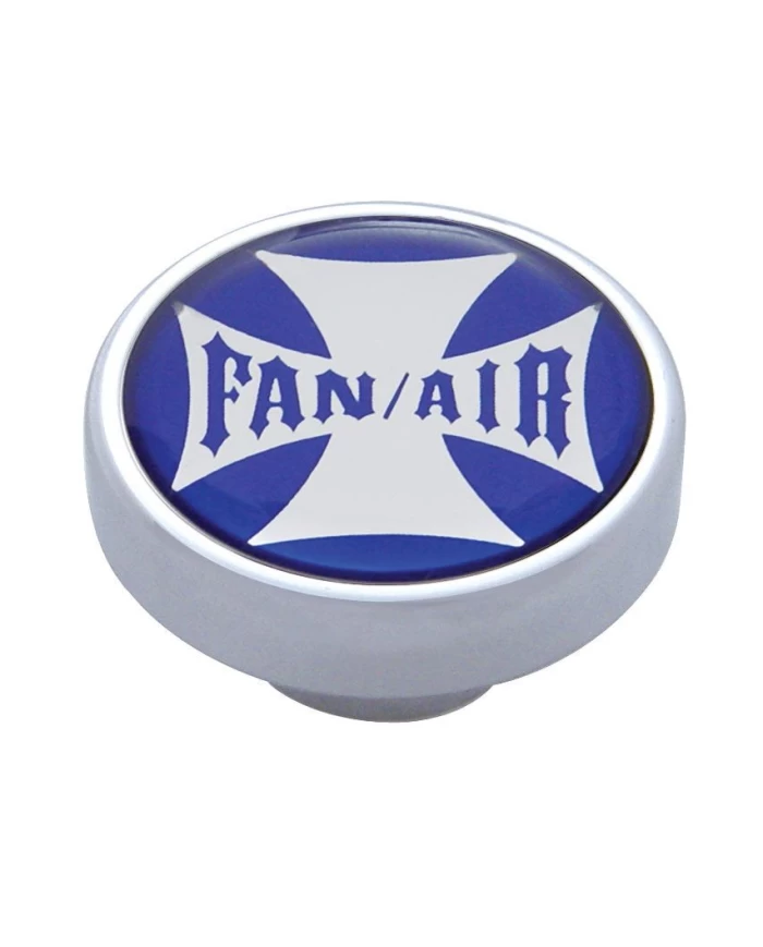 (CARD) CHROME DASH KNOB W/ GLOSSY "FAN/AIR" MALTESE CROSS STICKER - BLUE (CARD) CHROME DASH KNOB W/ GLOSSY "FAN/AIR" MALTESE CROSS STICKER - BLUE