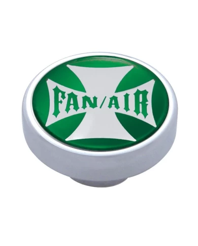 (CARD) CHROME DASH KNOB W/ GLOSSY "FAN/AIR" MALTESE CROSS STICKER - GREEN (CARD) CHROME DASH KNOB W/ GLOSSY "FAN/AIR" MALTESE CROSS STICKER - GREEN