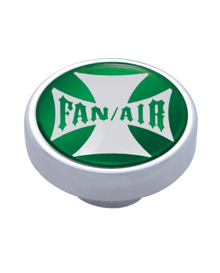(CARD) CHROME DASH KNOB W/ GLOSSY "FAN/AIR" MALTESE CROSS STICKER - GREEN (CARD) CHROME DASH KNOB W/ GLOSSY "FAN/AIR" MALTESE CROSS STICKER - GREEN
