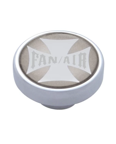 (CARD) CHROME DASH KNOB W/ GLOSSY "FAN/AIR" MALTESE CROSS STICKER - SILVER (CARD) CHROME DASH KNOB W/ GLOSSY "FAN/AIR" MALTESE CROSS STICKER - SILVER