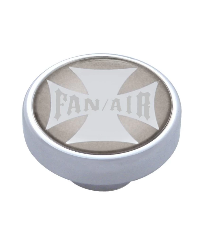 (CARD) CHROME DASH KNOB W/ GLOSSY "FAN/AIR" MALTESE CROSS STICKER - SILVER (CARD) CHROME DASH KNOB W/ GLOSSY "FAN/AIR" MALTESE CROSS STICKER - SILVER