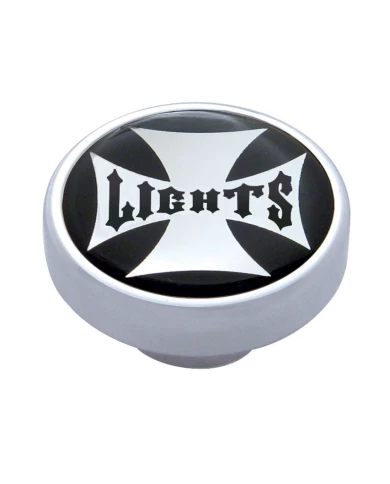 (CARD) CHROME DASH KNOB W/ GLOSSY "PANEL LIGHTS" MALTESE CROSS STICKER - BLACK (CARD) CHROME DASH KNOB W/ GLOSSY "PANEL LIGHTS" MALTESE CROSS STICKER - BLACK