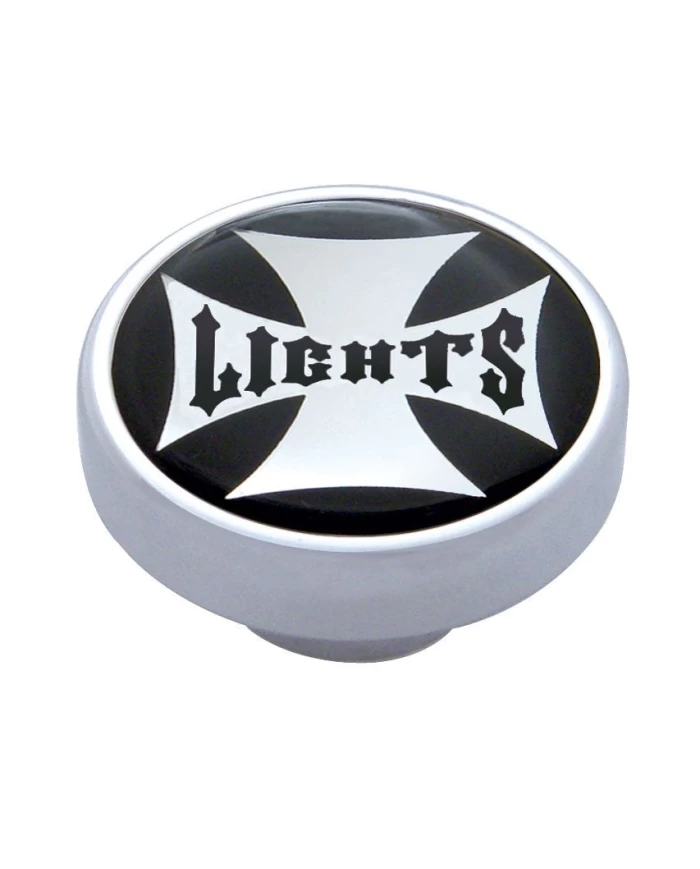 (CARD) CHROME DASH KNOB W/ GLOSSY "PANEL LIGHTS" MALTESE CROSS STICKER - BLACK