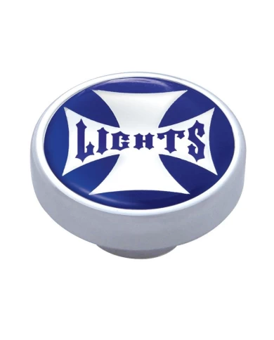 (CARD) CHROME DASH KNOB W/ GLOSSY "PANEL LIGHTS" MALTESE CROSS STICKER - BLUE (CARD) CHROME DASH KNOB W/ GLOSSY "PANEL LIGHTS" MALTESE CROSS STICKER - BLUE