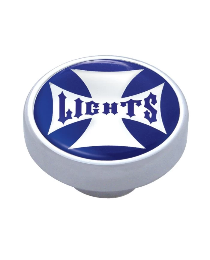 (CARD) CHROME DASH KNOB W/ GLOSSY "PANEL LIGHTS" MALTESE CROSS STICKER - BLUE