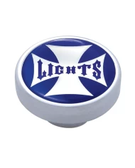 (CARD) CHROME DASH KNOB W/ GLOSSY "PANEL LIGHTS" MALTESE CROSS STICKER - BLUE
