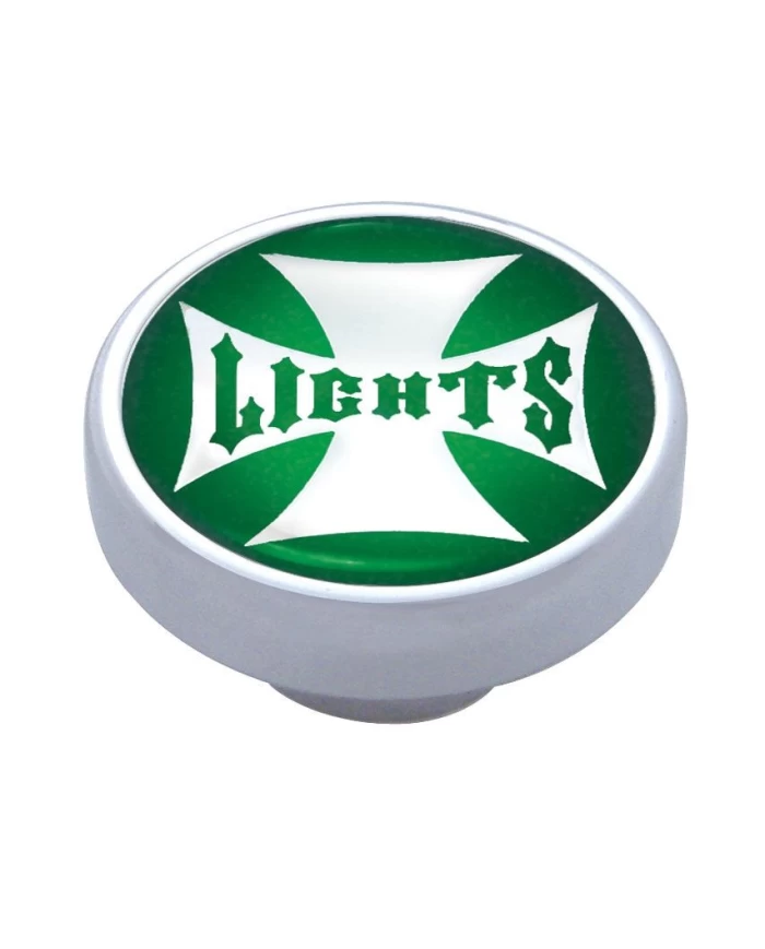 (CARD) CHROME DASH KNOB W/ GLOSSY "PANEL LIGHTS" MALTESE CROSS STICKER - GREEN