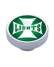(CARD) CHROME DASH KNOB W/ GLOSSY "PANEL LIGHTS" MALTESE CROSS STICKER - GREEN