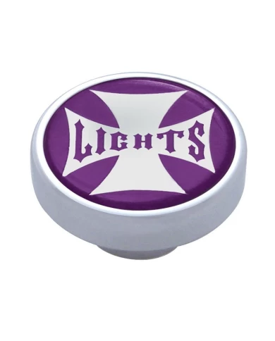 (CARD) CHROME DASH KNOB W/ GLOSSY "PANEL LIGHTS" MALTESE CROSS STICKER - PURPLE (CARD) CHROME DASH KNOB W/ GLOSSY "PANEL LIGHTS" MALTESE CROSS STICKER - PURPLE