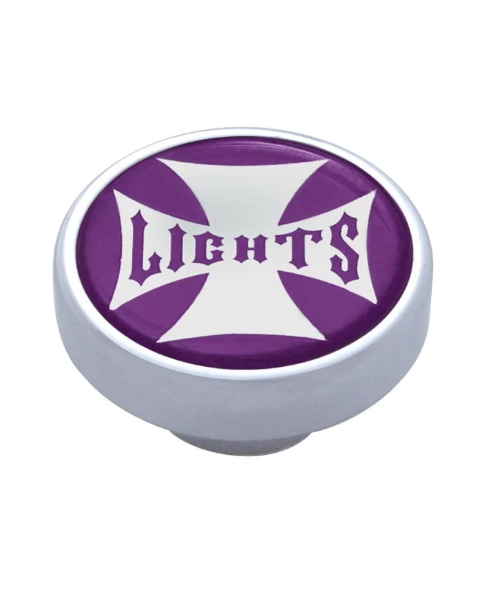 (CARD) CHROME DASH KNOB W/ GLOSSY "PANEL LIGHTS" MALTESE CROSS STICKER - PURPLE