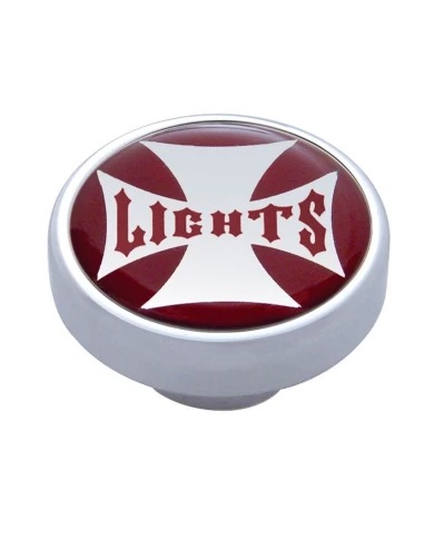 (CARD) CHROME DASH KNOB W/ GLOSSY "PANEL LIGHTS" MALTESE CROSS STICKER - RED (CARD) CHROME DASH KNOB W/ GLOSSY "PANEL LIGHTS" MALTESE CROSS STICKER - RED