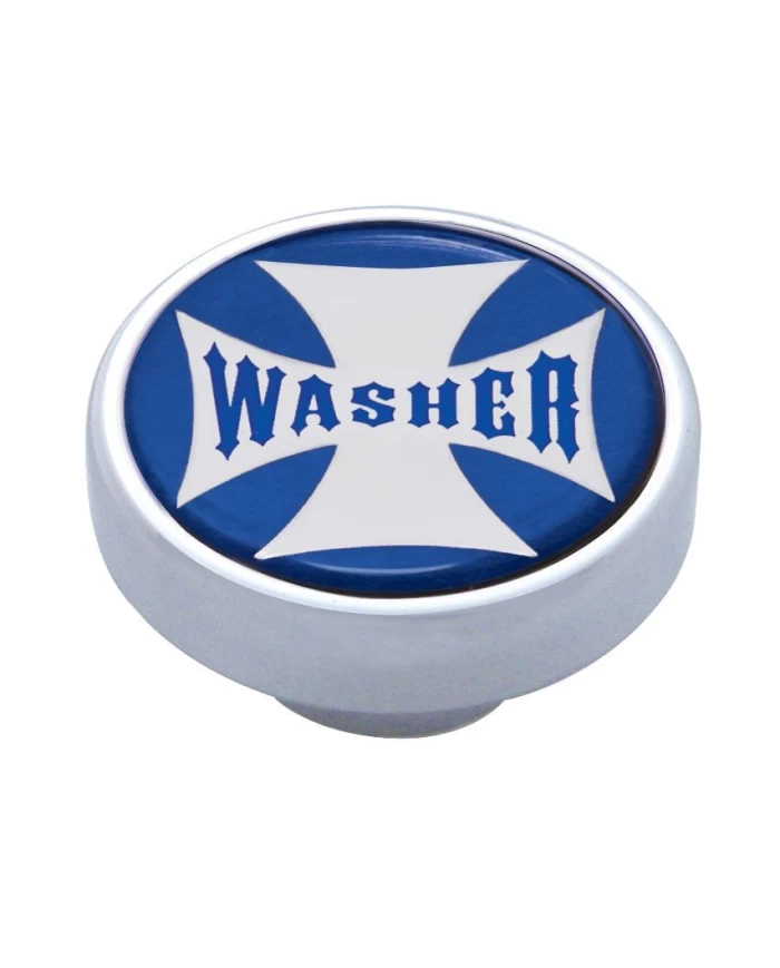 (CARD) CHROME DASH KNOB W/ GLOSSY "WASHER" MALTESE CROSS STICKER - BLUE