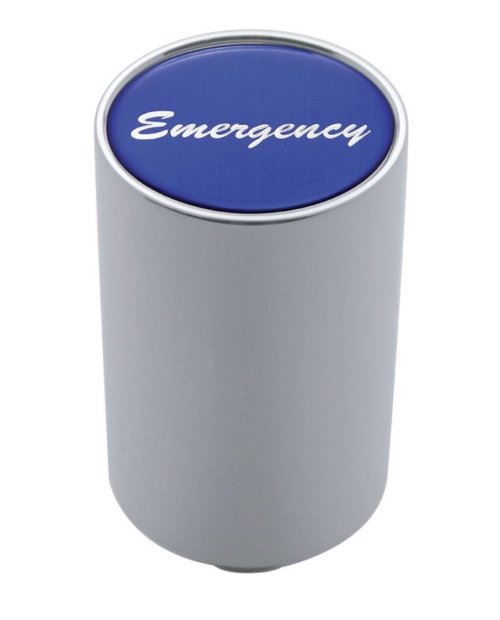 (CARD) CHROME ALUMINUM 3" AIR VALVE KNOB W/ GLOSSY "EMERGENCY" STICKER - BLUE (CARD) CHROME ALUMINUM 3" AIR VALVE KNOB W/ GLOSSY "EMERGENCY" STICKER - BLUE