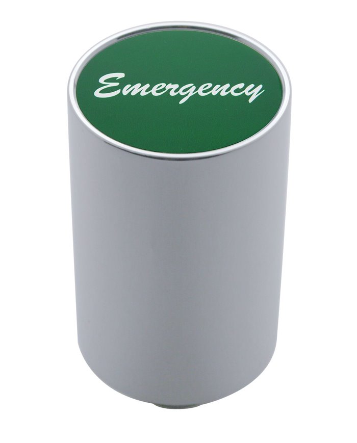 (CARD) CHROME ALUMINUM 3" AIR VALVE KNOB W/ GLOSSY "EMERGENCY" STICKER - GREEN