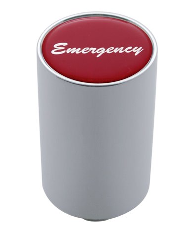 (CARD) CHROME ALUMINUM 3" AIR VALVE KNOB W/ GLOSSY "EMERGENCY" STICKER - RED (CARD) CHROME ALUMINUM 3" AIR VALVE KNOB W/ GLOSSY "EMERGENCY" STICKER - RED