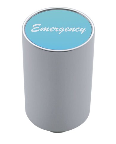 (CARD) CHROME ALUMINUM 3" AIR VALVE KNOB W/ ALUMINUM "EMERGENCY" STICKER - BLUE (CARD) CHROME ALUMINUM 3" AIR VALVE KNOB W/ ALUMINUM "EMERGENCY" STICKER - BLUE