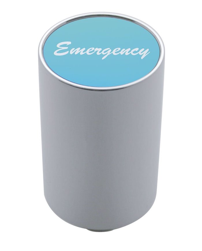 (CARD) CHROME ALUMINUM 3" AIR VALVE KNOB W/ ALUMINUM "EMERGENCY" STICKER - BLUE