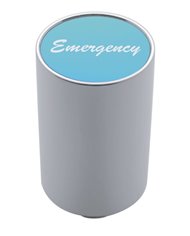 (CARD) CHROME ALUMINUM 3" AIR VALVE KNOB W/ ALUMINUM "EMERGENCY" STICKER - BLUE (CARD) CHROME ALUMINUM 3" AIR VALVE KNOB W/ ALUMINUM "EMERGENCY" STICKER - BLUE