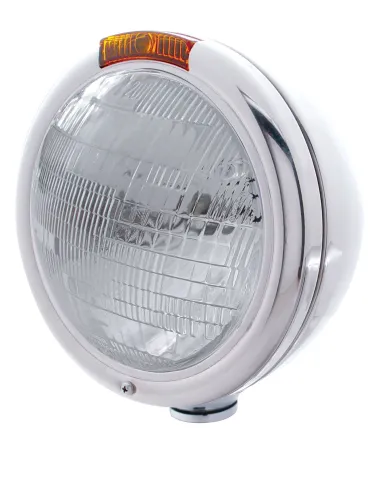 UP30380-Chrome Classic Headlight 6014 Bulb & Amber Turn Signal Lens
