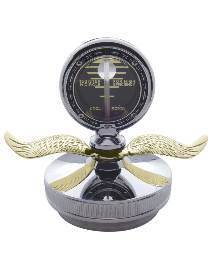 (BOX) CHROME ALUMINUM MOTOMETER BOYCE W/ BASE & GOLD WINGS