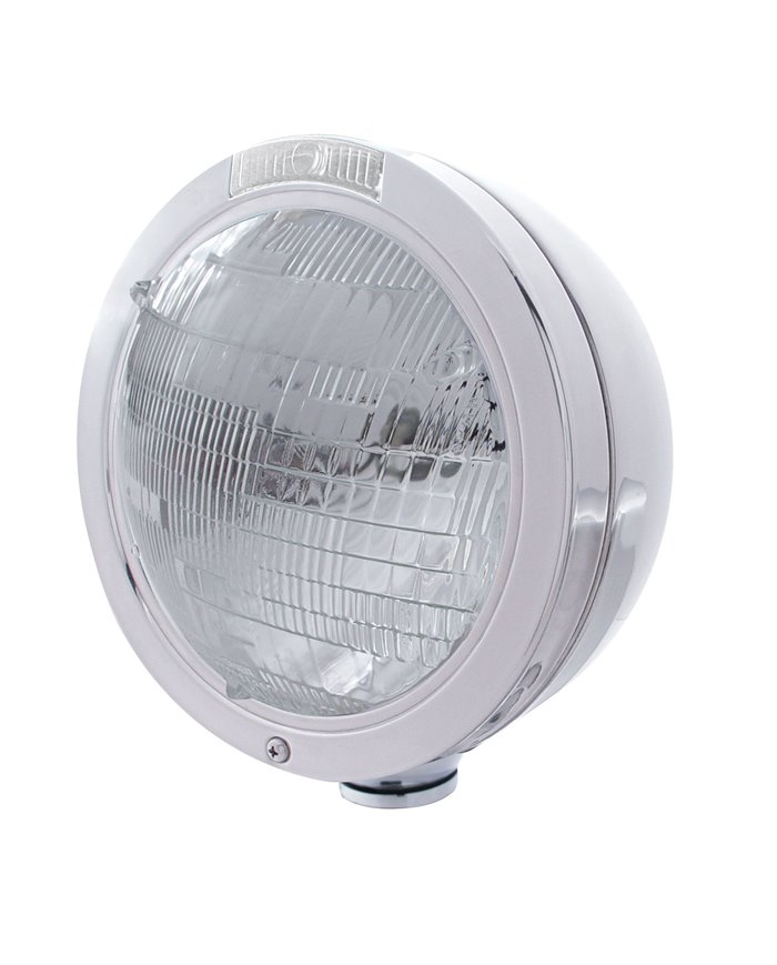 (BOX) STAINLESS STEEL PETERBILT "BULLET" 6014 SEALED BEAM HEADLIGHT W/ 4 AMBER LED SIGNAL LIGHT - CLEAR LENS