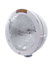 (BOX) STAINLESS STEEL PETERBILT "BULLET" 6014 SEALED BEAM HEADLIGHT W/ 4 AMBER LED SIGNAL LIGHT - AMBER LENS