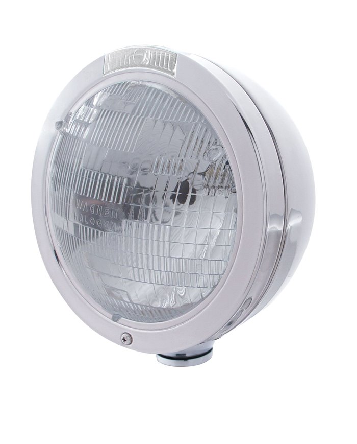 (BOX) STAINLESS STEEL PETERBILT "BULLET" H6024 HALOGEN HEADLIGHT W/ 4 AMBER LED SIGNAL LIGHT - CLEAR LENS