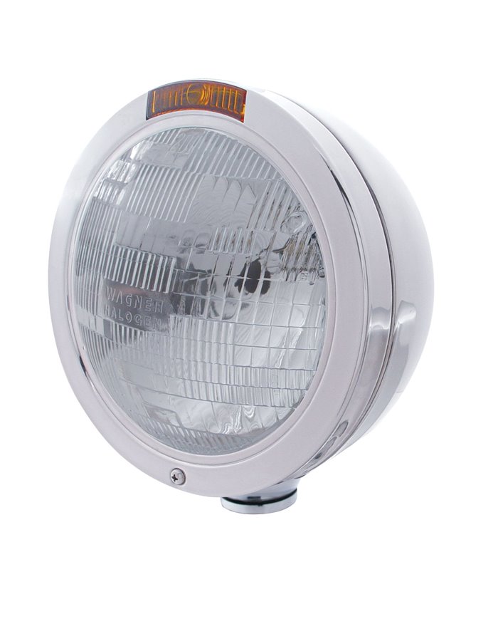 (BOX) STAINLESS STEEL PETERBILT "BULLET" H6024 HALOGEN HEADLIGHT W/ 4 AMBER LED SIGNAL LIGHT - AMBER LENS