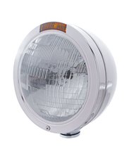 (BOX) STAINLESS STEEL PETERBILT "BULLET" H6024 HALOGEN HEADLIGHT W/ 4 AMBER LED SIGNAL LIGHT - AMBER LENS