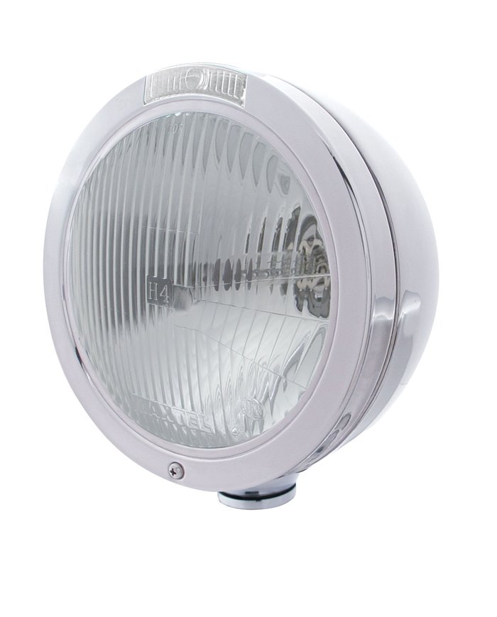 (BOX) STAINLESS STEEL PETERBILT "BULLET" H4 HALOGEN HEADLIGHT W/ 4 AMBER LED SIGNAL LIGHT - CLEAR LENS