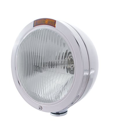 (BOX) STAINLESS STEEL PETERBILT "BULLET" H4 HALOGEN HEADLIGHT W/ 4 AMBER LED SIGNAL LIGHT - AMBER LENS (BOX) STAINLESS STEEL PETERBILT "BULLET" H4 HALOGEN HEADLIGHT W/ 4 AMBER LED SIGNAL LIGHT - AMBER LENS