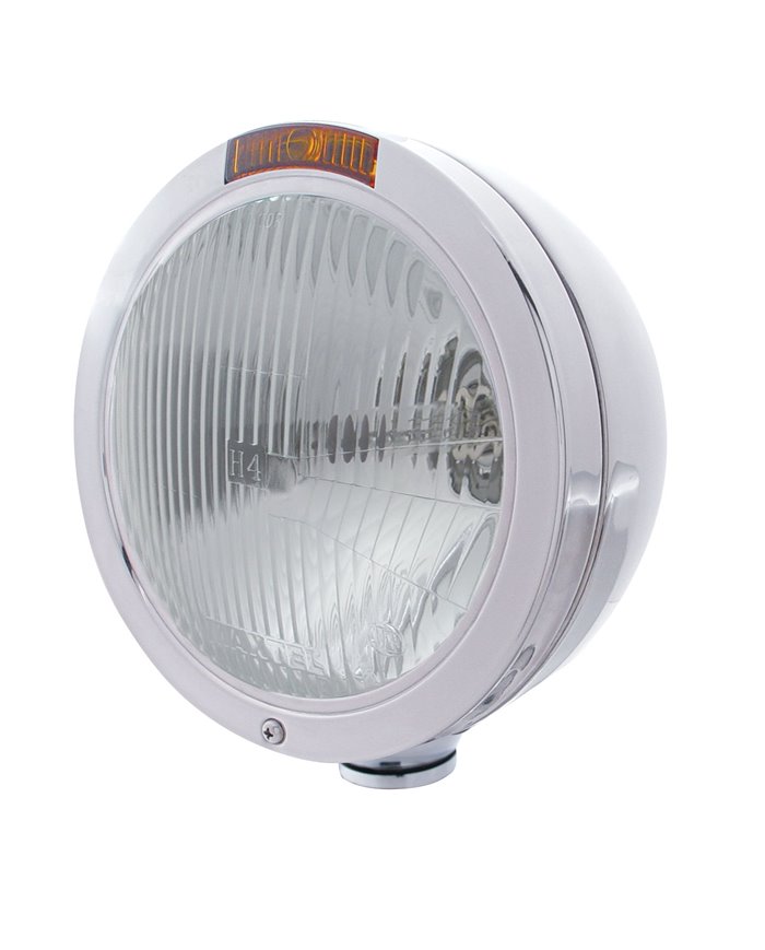 (BOX) STAINLESS STEEL PETERBILT "BULLET" H4 HALOGEN HEADLIGHT W/ 4 AMBER LED SIGNAL LIGHT - AMBER LENS