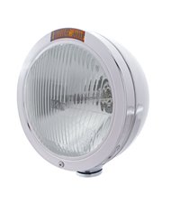 (BOX) STAINLESS STEEL PETERBILT "BULLET" H4 HALOGEN HEADLIGHT W/ 4 AMBER LED SIGNAL LIGHT - AMBER LENS