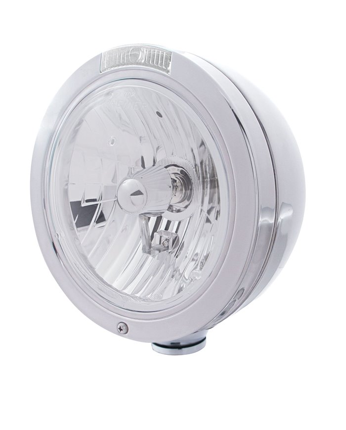 (BOX) S.S. PETERBILT "BULLET" CRYSTAL H4 HALOGEN HEADLIGHT W/ 4 AMBER LED SIGNAL LIGHT - CLEAR LENS