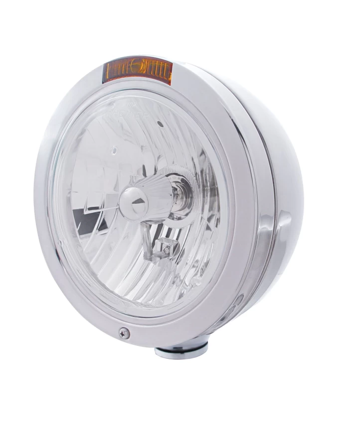 (BOX) S.S. PETERBILT "BULLET" CRYSTAL H4 HALOGEN HEADLIGHT W/ 4 AMBER LED SIGNAL LIGHT - AMBER LENS