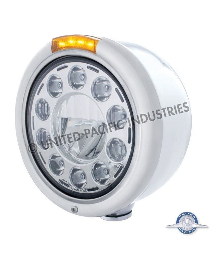 (BOX) S.S. "CLASSIC" HALF-MOON PETERBILT 11 HIGH POWER LED CRYSTAL HEADLIGHT W/ 4 AMBER LED SIGNAL LIGHT - AMBER LENS
