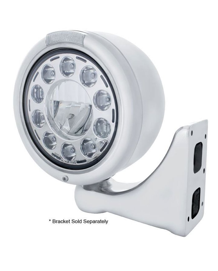 (BOX) S.S. "CLASSIC" HALF-MOON PETERBILT 11 HIGH POWER LED CRYSTAL HEADLIGHT W/ 4 AMBER LED SIGNAL LIGHT - CLEAR LENS