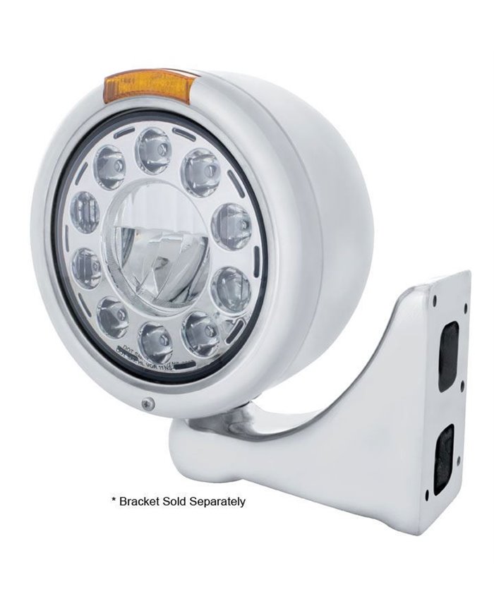 (BOX) S.S. "CLASSIC" HALF-MOON PETERBILT 11 HIGH POWER LED CRYSTAL HEADLIGHT W/ 4 AMB LED DUAL FUNCTION SIGNAL LIGHT - AMBER LEN