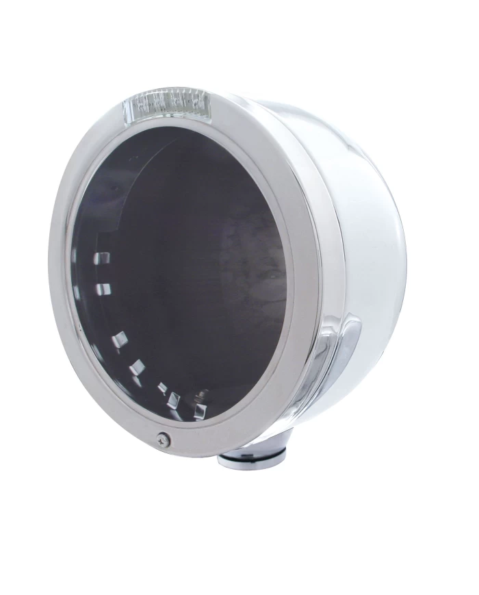 (BOX) STAINLESS STEEL "BULLET" HALF-MOON PETERBILT HEADLIGHT W/ 4 AMBER LED SIGNAL LIGHT - CLEAR LENS (BOX) STAINLESS STEEL "BULLET" HALF-MOON PETERBILT HEADLIGHT W/ 4 AMBER LED SIGNAL LIGHT - CLEAR LENS