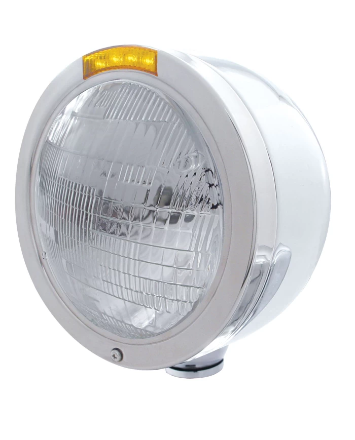 (BOX) S.S. "BULLET" HALF-MOON PETERBILT 6014 SEALED BEAM HEADLIGHT W/ 4 AMBER LED SIGNAL LIGHT - AMBER LENS