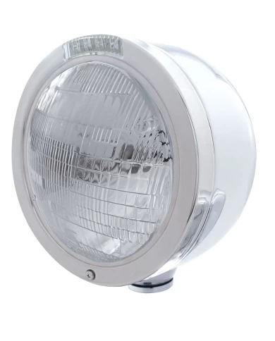 (BOX) S.S. "BULLET" HALF-MOON PETERBILT 6014 SEALED BEAM HEADLIGHT W/ 4 AMBER LED SIGNAL LIGHT - CLEAR LENS (BOX) S.S. "BULLET" HALF-MOON PETERBILT 6014 SEALED BEAM HEADLIGHT W/ 4 AMBER LED SIGNAL LIGHT - CLEAR LENS