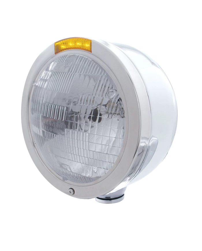 (BOX) S.S. "BULLET" HALF-MOON PETERBILT H6024 HALOGEN HEADLIGHT W/ 4 AMBER LED SIGNAL LIGHT - AMBER LENS